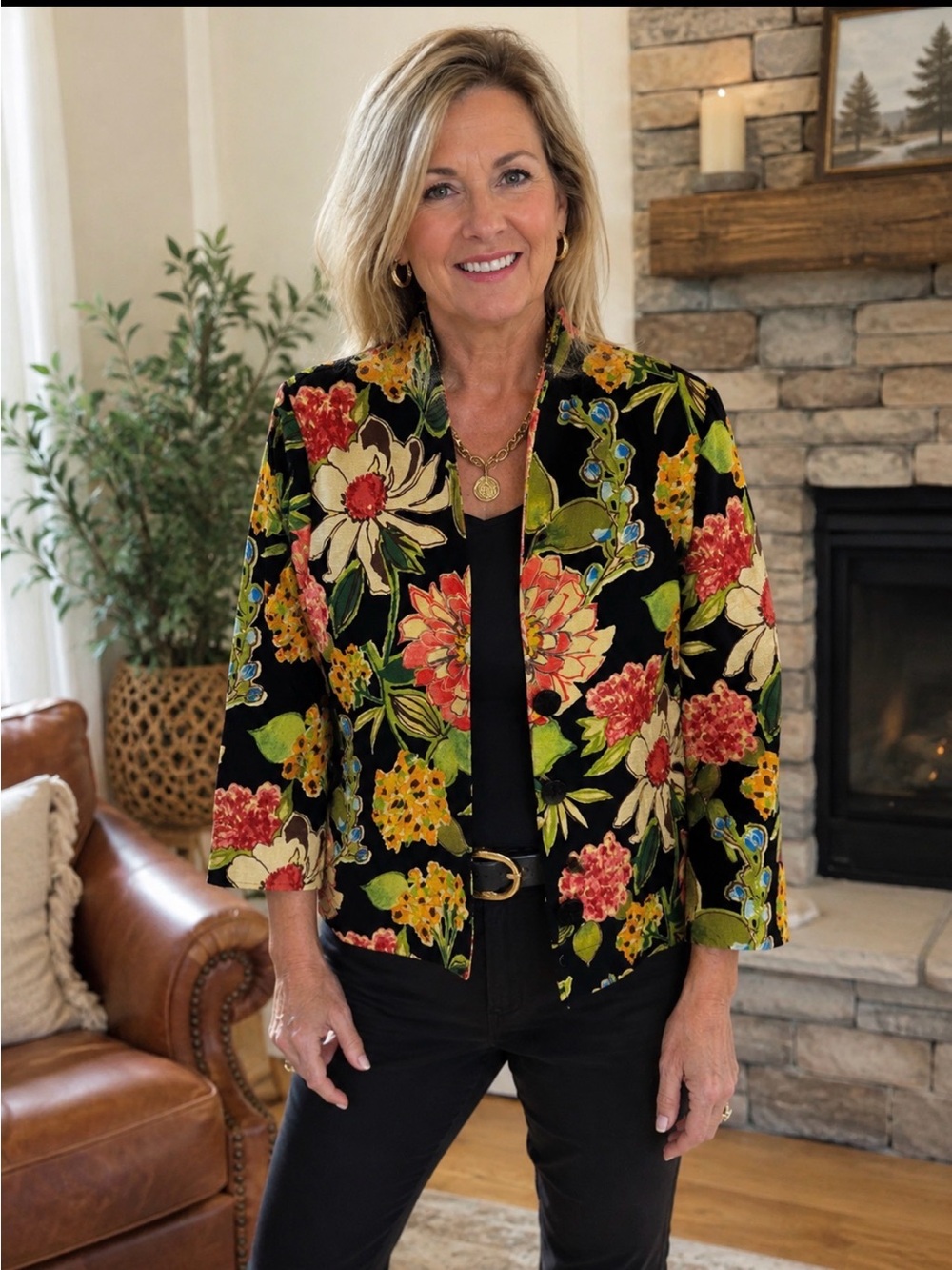 Painted Pony women Jacket blazer bright jungle Floral Jacquard Retro Sz M